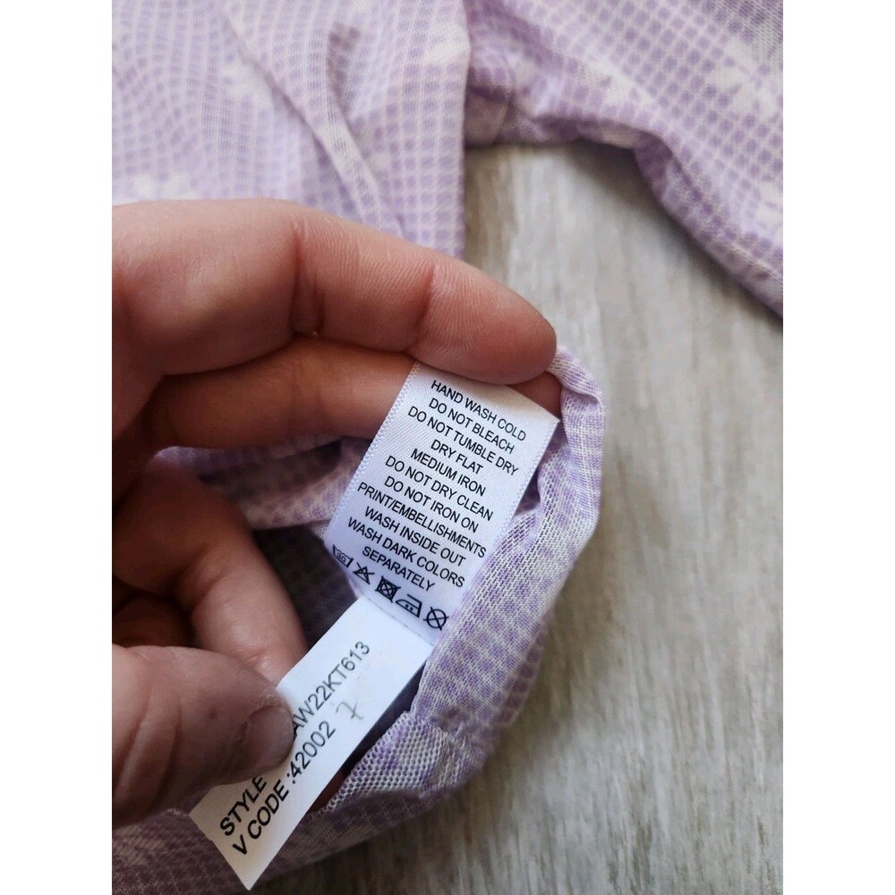 Ginger Mesh Crop Top Front Knot Purple Check Floral Long Sleeve Crewneck L EUC - Picture 6 of 9